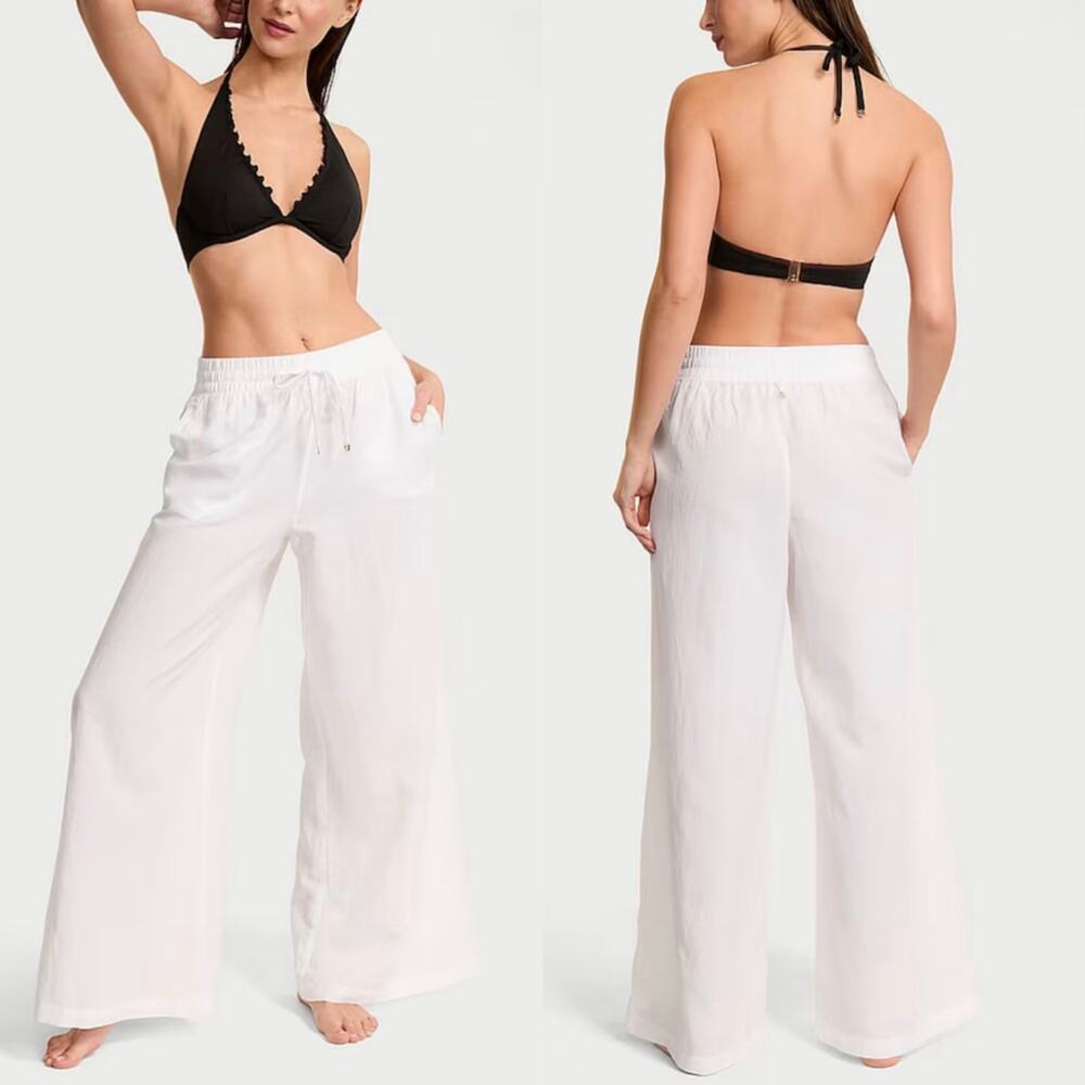 Victoria's Secret Swim White Linen Blend Relaxed Wide Leg Pants M Resort Beach